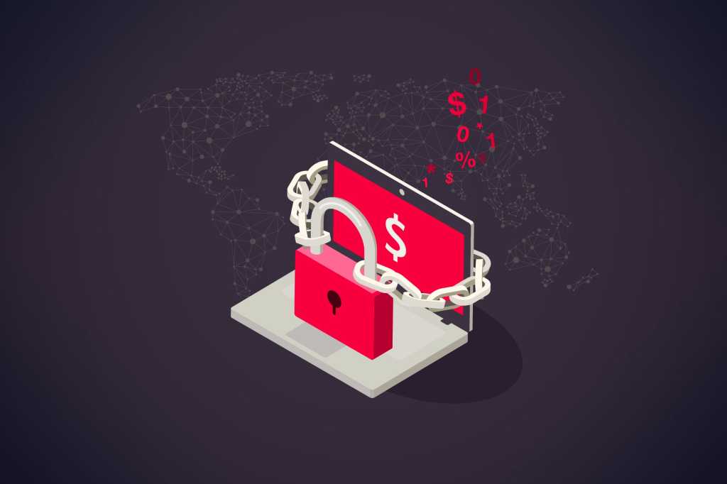 Ransomware > An encrypted system, held ransom with lock + chain, displays a dollar sign.