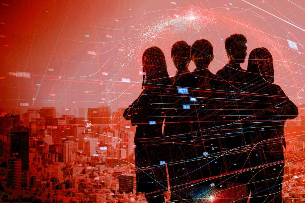 Red team > Double-exposure with team, cityscape + abstract data / teamwork / collaboration