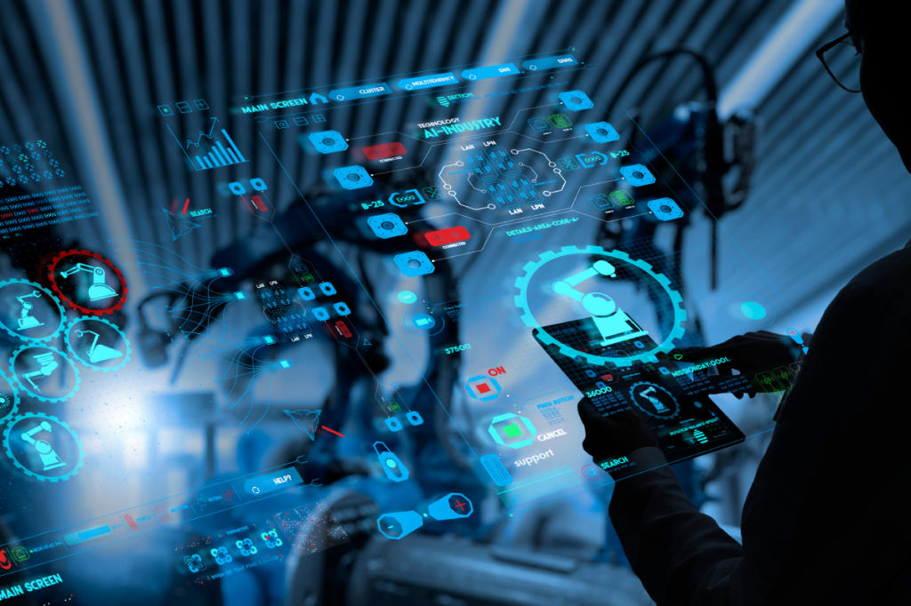 Factory Female Industrial Engineer working with automation robot arms machine in intelligent factory industrial on real time monitoring system software.Digital future manufacture.