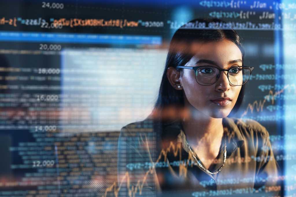Software coding hologram woman data analytics